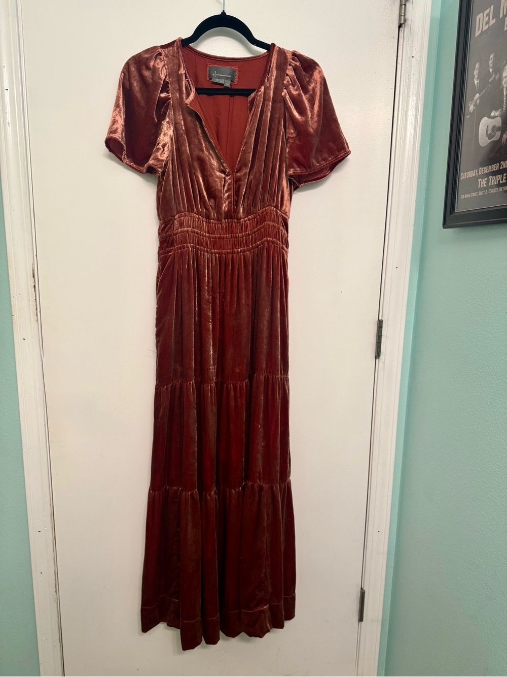 Anthropologie Velvet Maxi Dress Rust Burgundy Short Sleeve Boho xxs Romantic